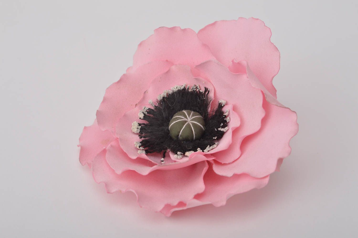 Broche fleur pavot rose Pince à cheveux faite main Bijou femme satin métal mode photo 8