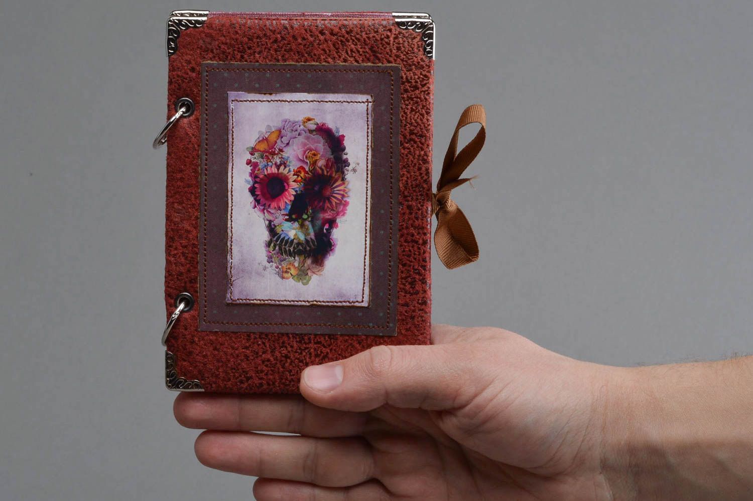 Unusual handmade designer notebook with leather cover made skull in flowers photo 5