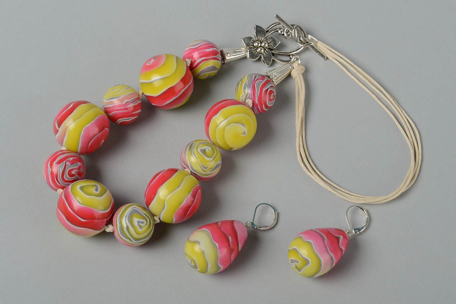 Handmade jewelry set polymer clay dangling earrings beaded necklace gift for her photo 5