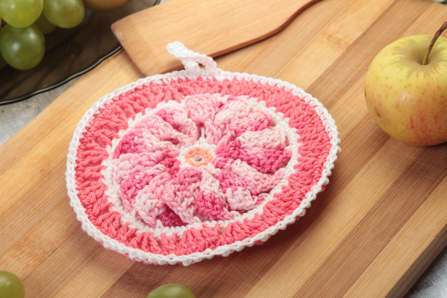 Handmade rosa Topflappen gehäkelt Küchen Textilien Haus Deko grell rund foto 1