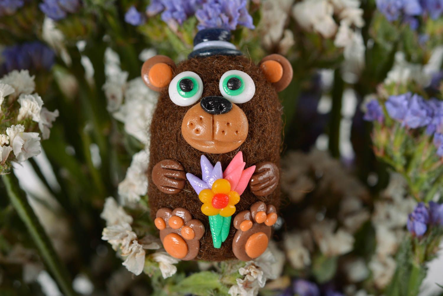 Unusual interior toy stylish beautiful statuette cute bear with flower photo 5