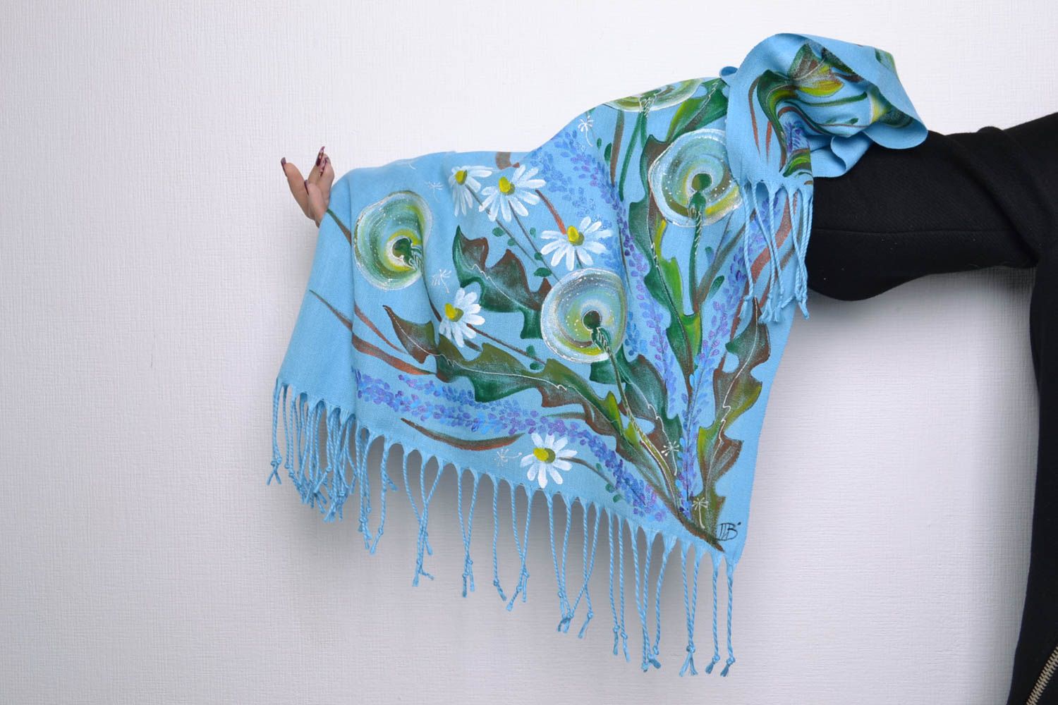 Warm cashmere scarf with painting Dandelions photo 5