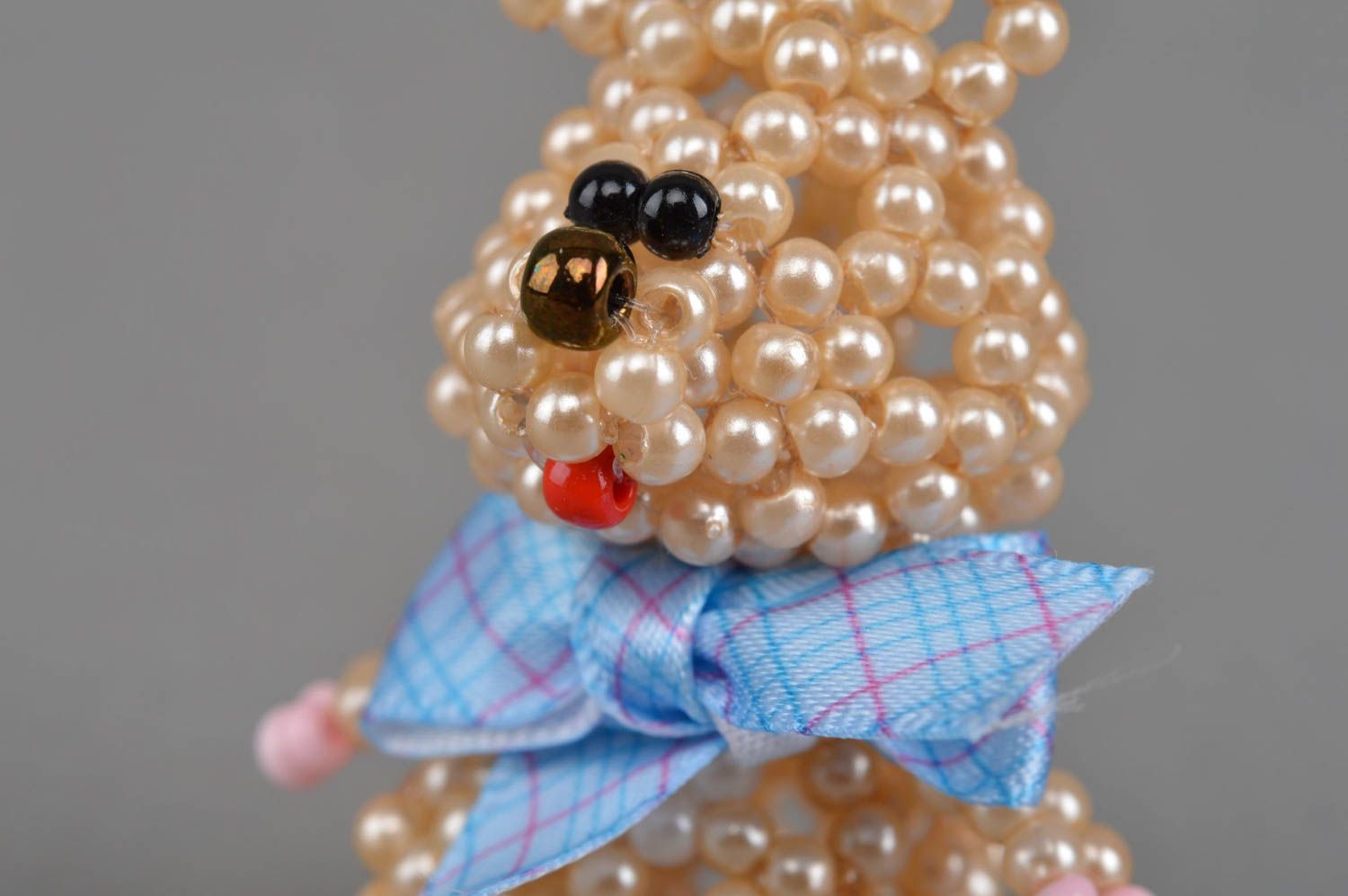 Small handmade collectible beaded statuette of cream colored bear for home decor photo 10