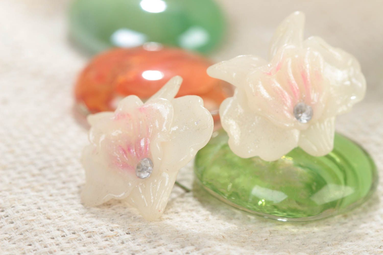 Handmade tender polymer clay light orchid flowers stud earrings with rhinestones photo 1