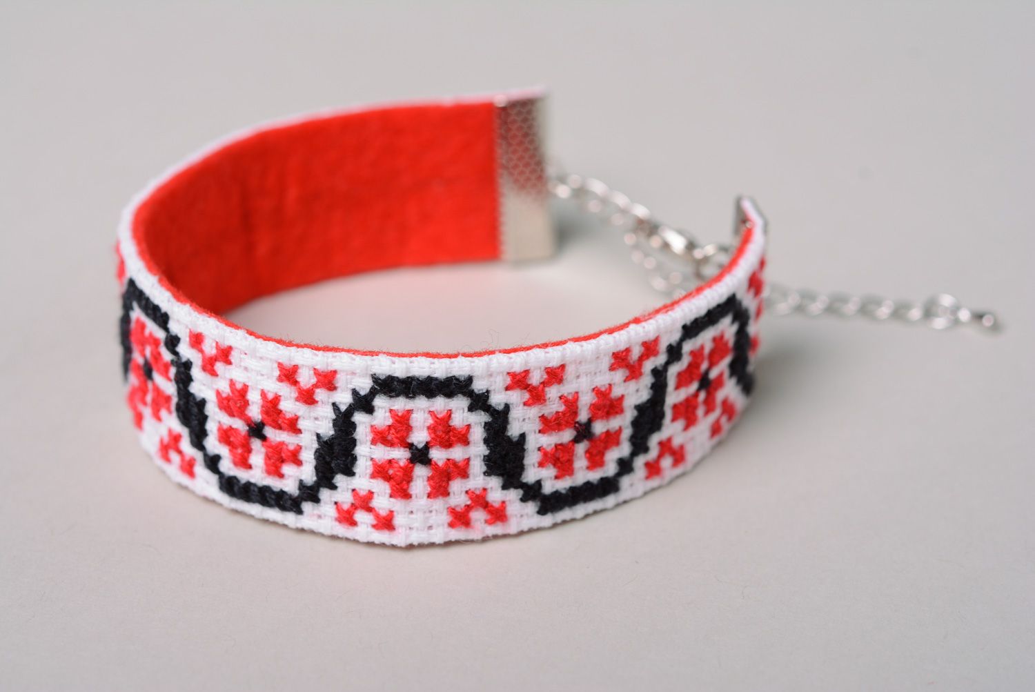 Bright handmade wrist bracelet with traditional cross stitch embroidery for women photo 2