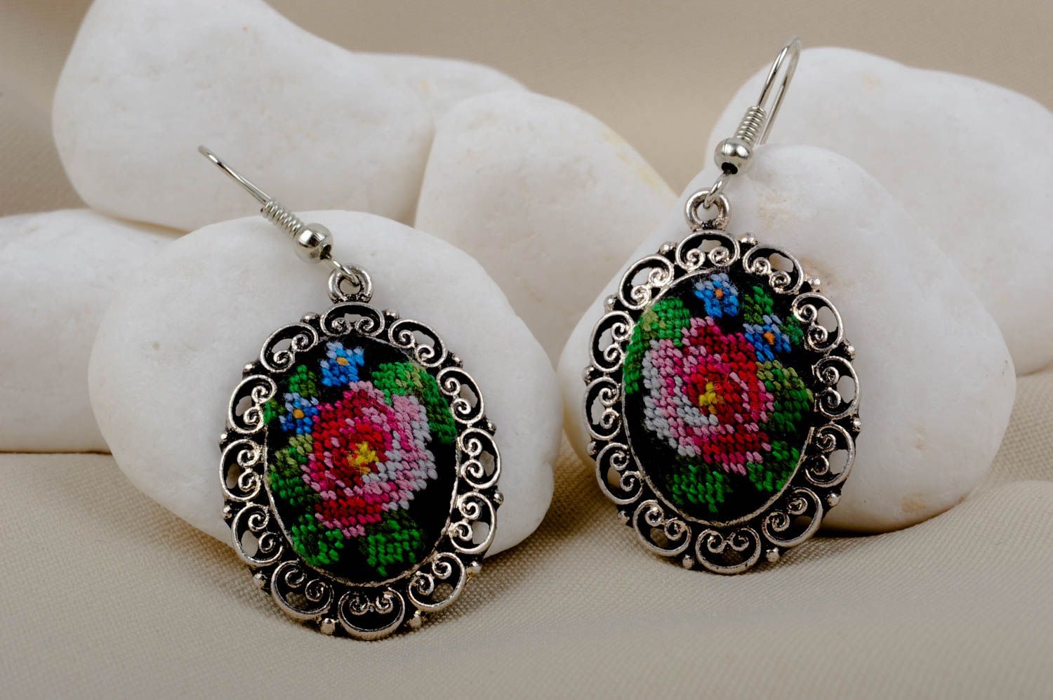 Handmade metal earrings embroidered earrings cross stitch ideas gifts for her photo 1