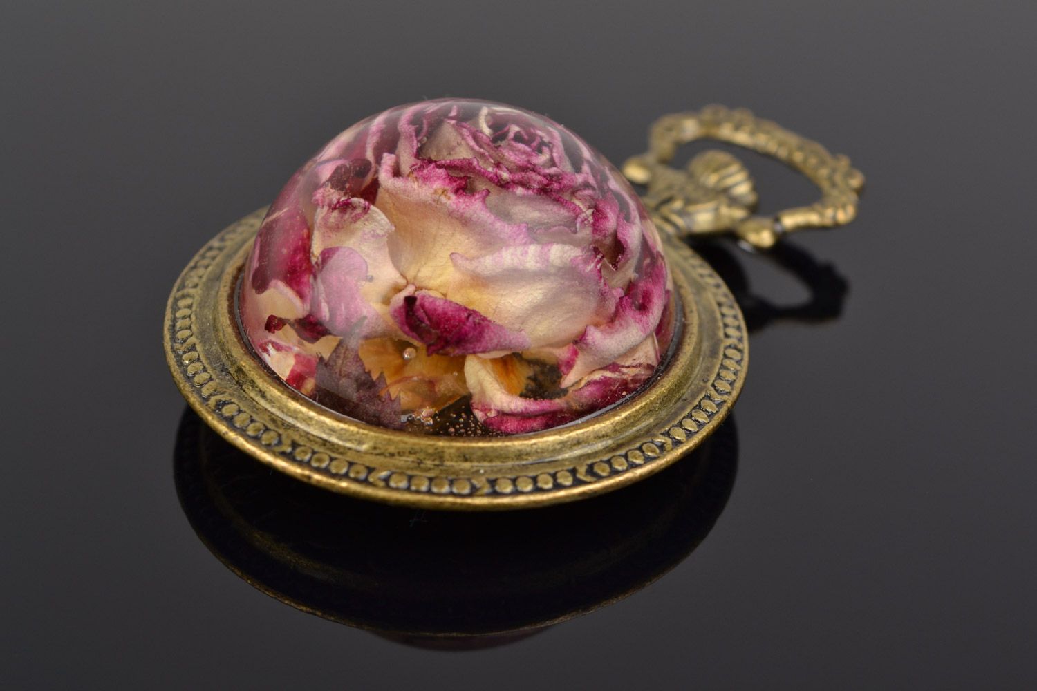 Gentle women's handmade vintage pendant with real rose coated with epoxy resin photo 5