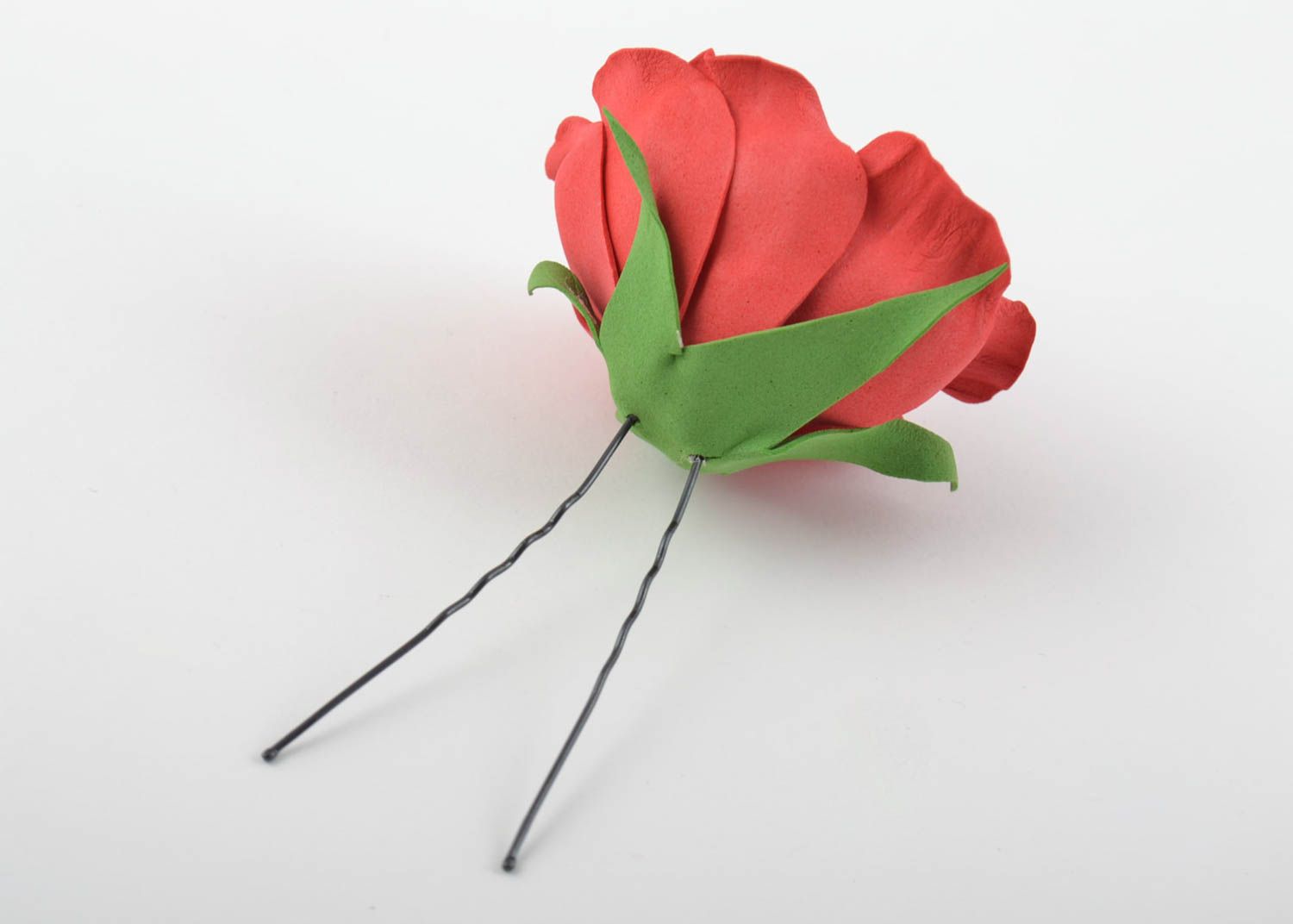 Handmade hair pin made of foamiran with large red elegant beautiful rose photo 10