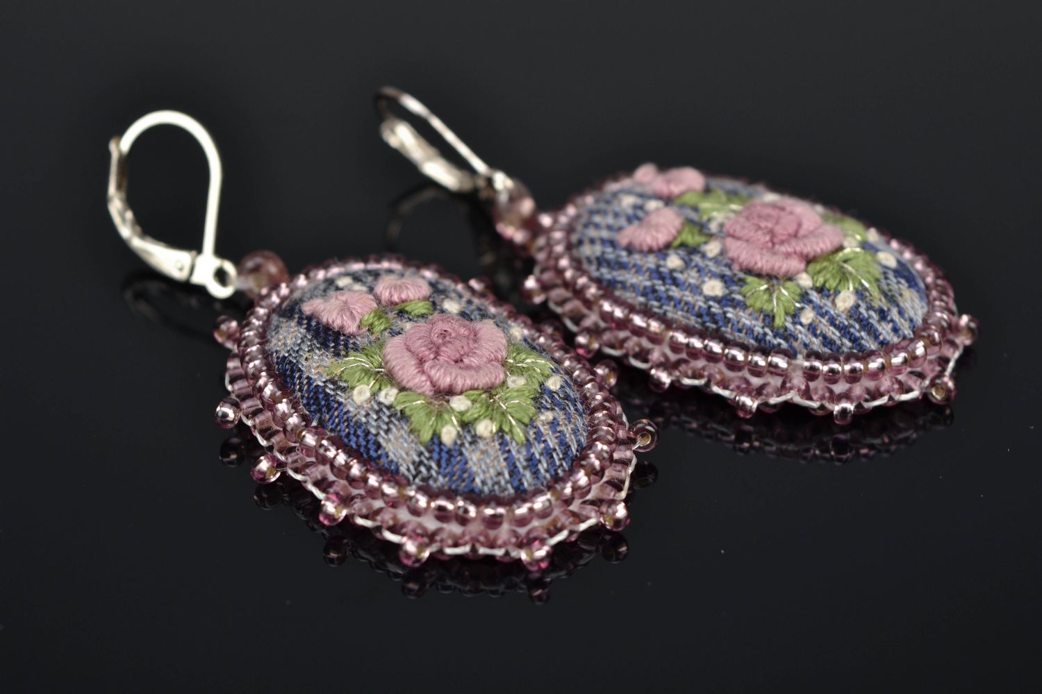 Handmade dangle earrings with embroidery photo 1