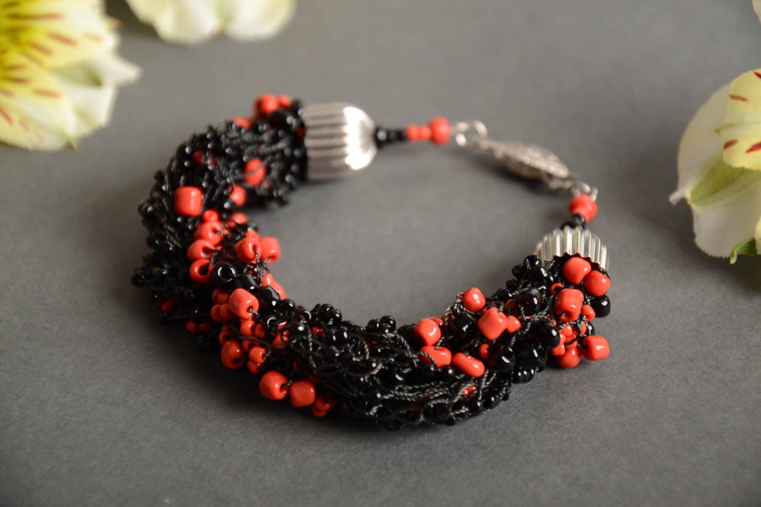 Handmade designer women's wrist bracelet woven of black and red Czech seed beads photo 1