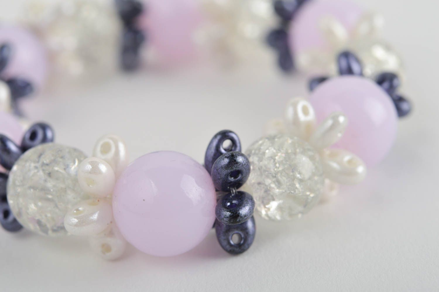 Handmade light pink and transparent beads bracelet for kids  photo 4