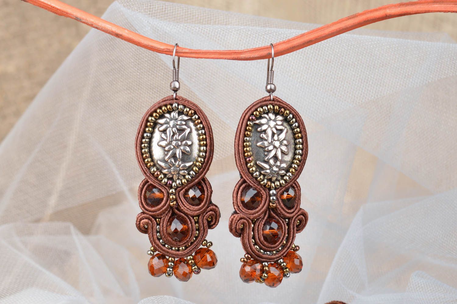 Beautiful handmade long brown soutache earrings with crystals for women photo 1