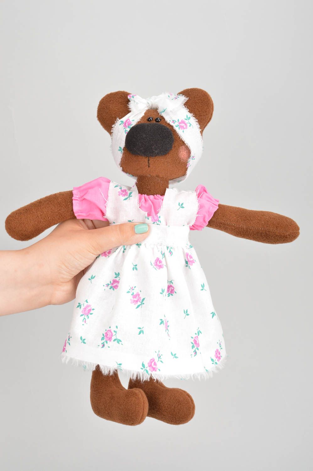 Peluche ourson brun tissu polaire en robe belle originale faite main pour enfant photo 3