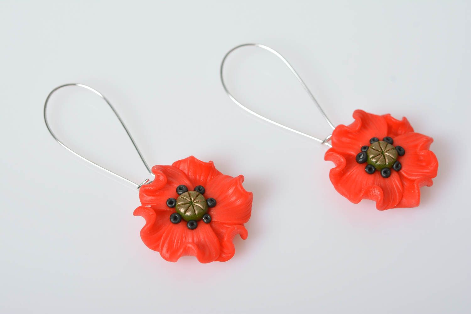 Handmade polymer clay earrings with red poppies designer stylish summer jewelry photo 4