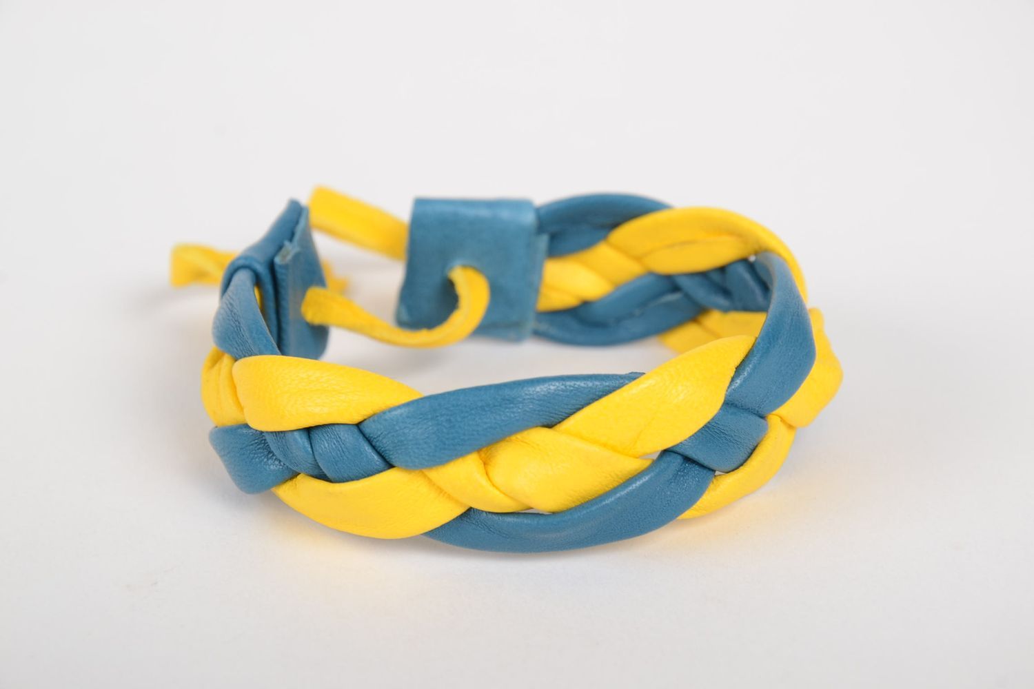 Bracelet en cuir Bijou fait main bleu-jaune design original Accessoire femme photo 4
