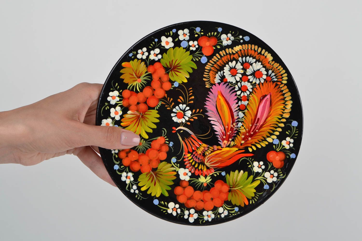 Деревянная тарелка с Петриковской росписью ручной работы Жар птица декор фото 6