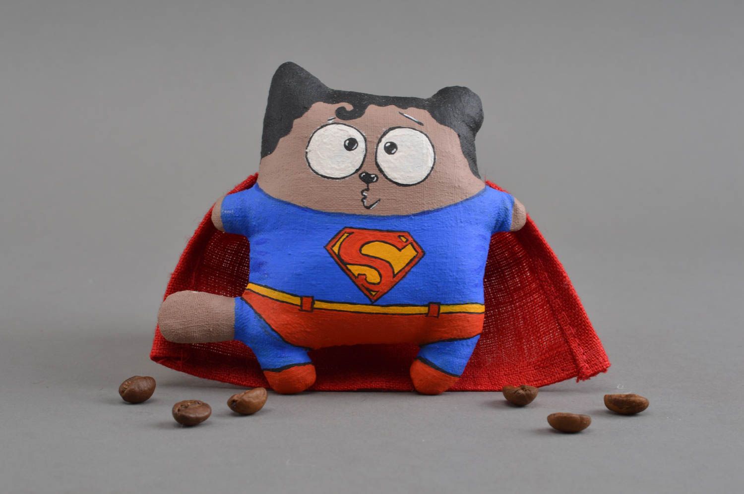 Peluche chat super-héros en tissu de lin décorative faite main originale photo 1
