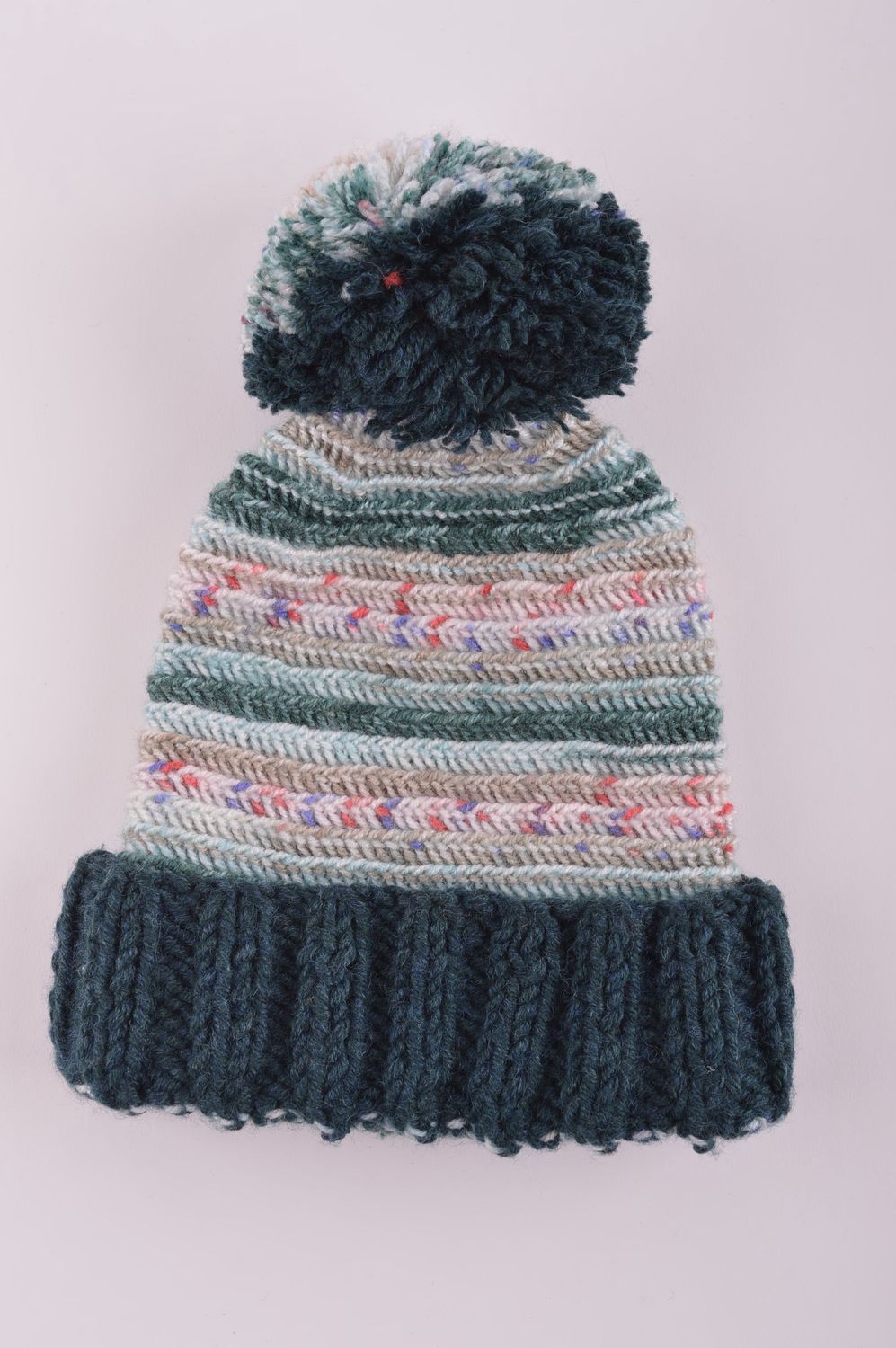 Головной убор хэнд мэйд зимняя женская шапка полосатая с помпоном зимняя шапка фото 4