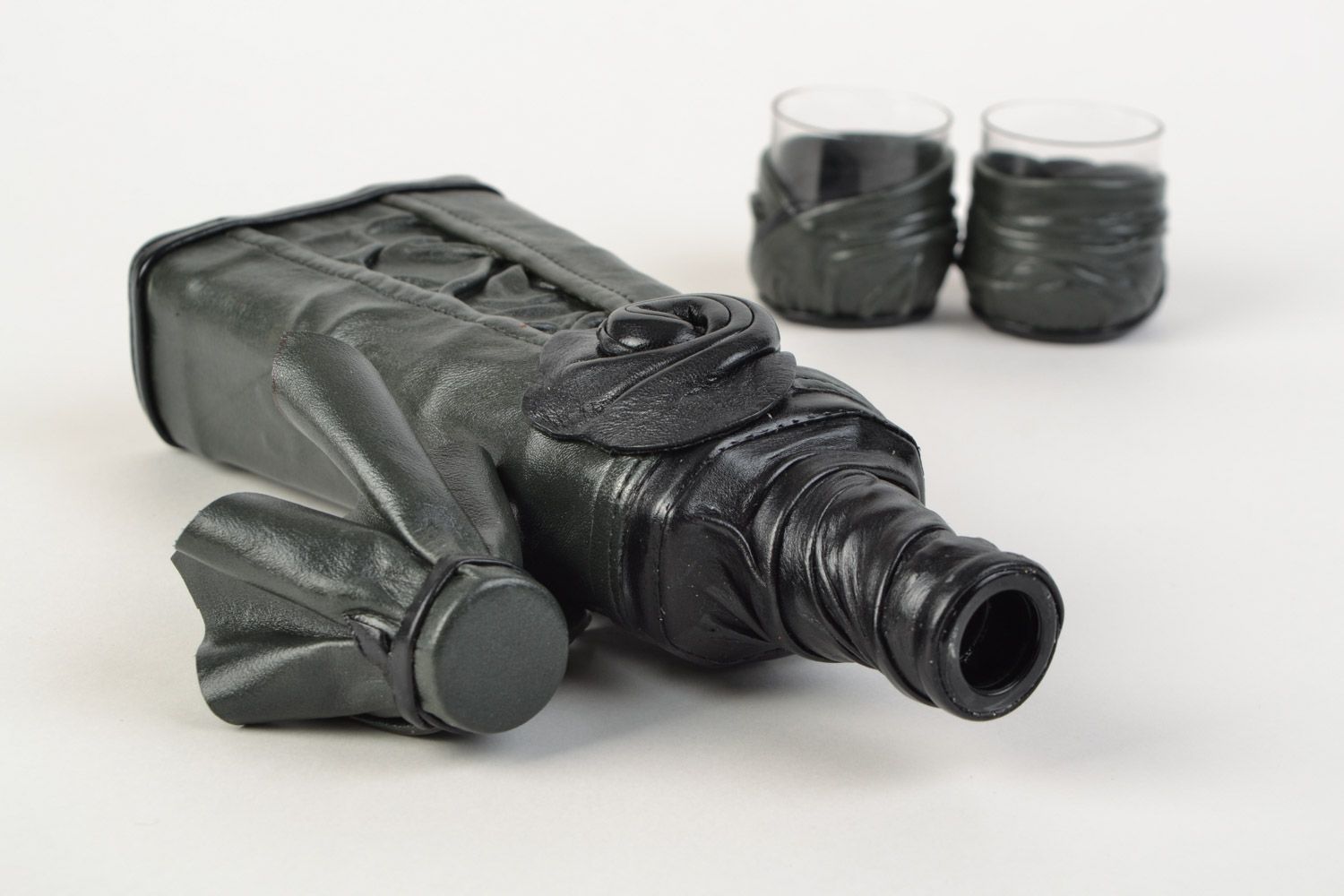 Set of handmade collectible bottle and 2 shot glasses decorated with leather for gift photo 4