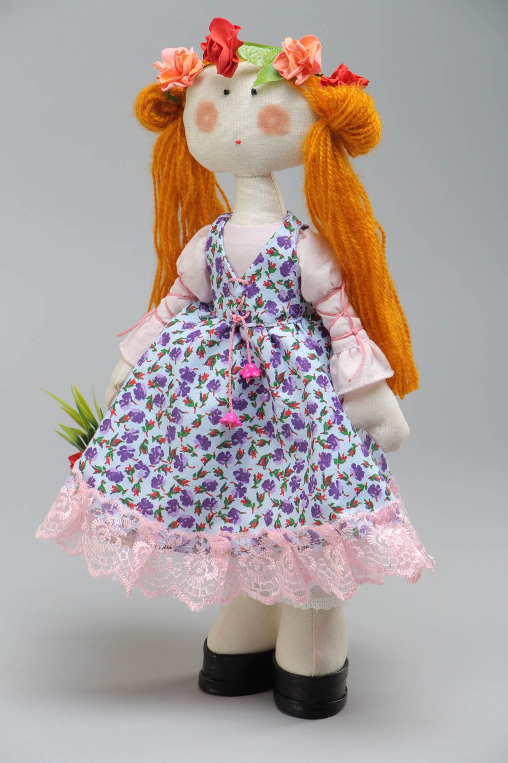 Handmade soft doll sewn of cotton fabric girl in violet dress with ginger hair photo 2