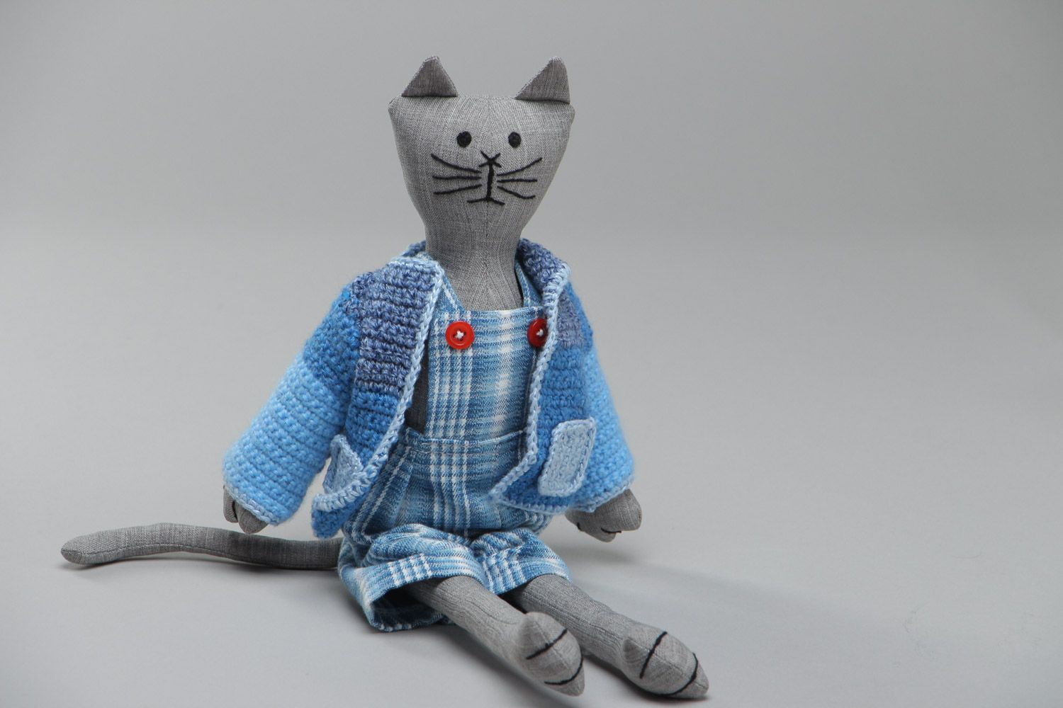 Handmade soft toy sewn of cotton cute gray cat in crocheted blue jacket photo 2