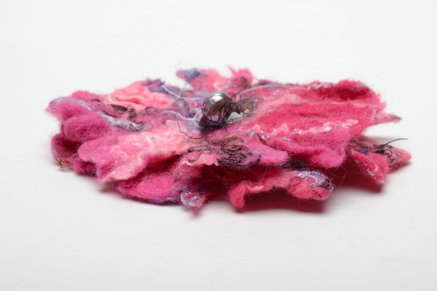 Bright woolen floral brooch made using wet felting technique photo 4