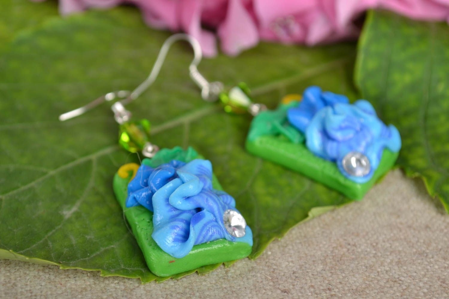 Handmade Blumen Ohrringe Designer Schmuck Accessoire für Frauen blau grün foto 1