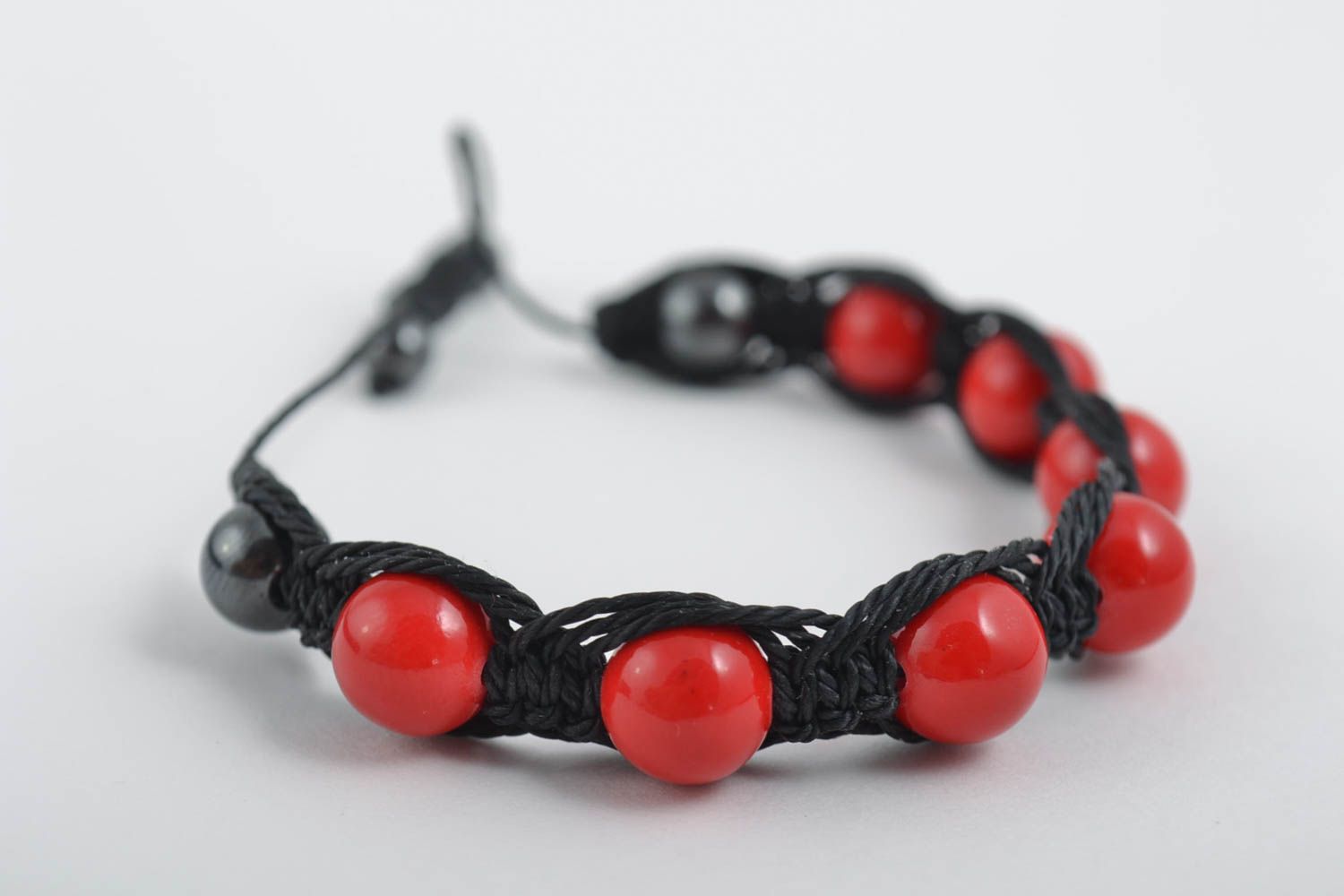 Strand large red beads handmade Shambala bracelet in black cord for women photo 4
