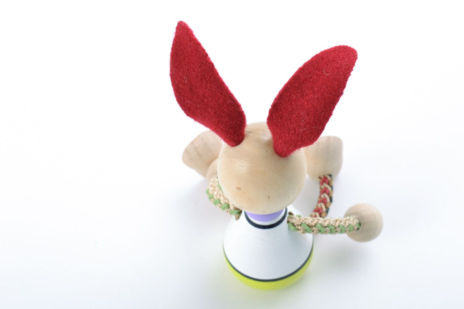 Handmade painted wooden eco toy rabbit with red ears and cord paws for children photo 5