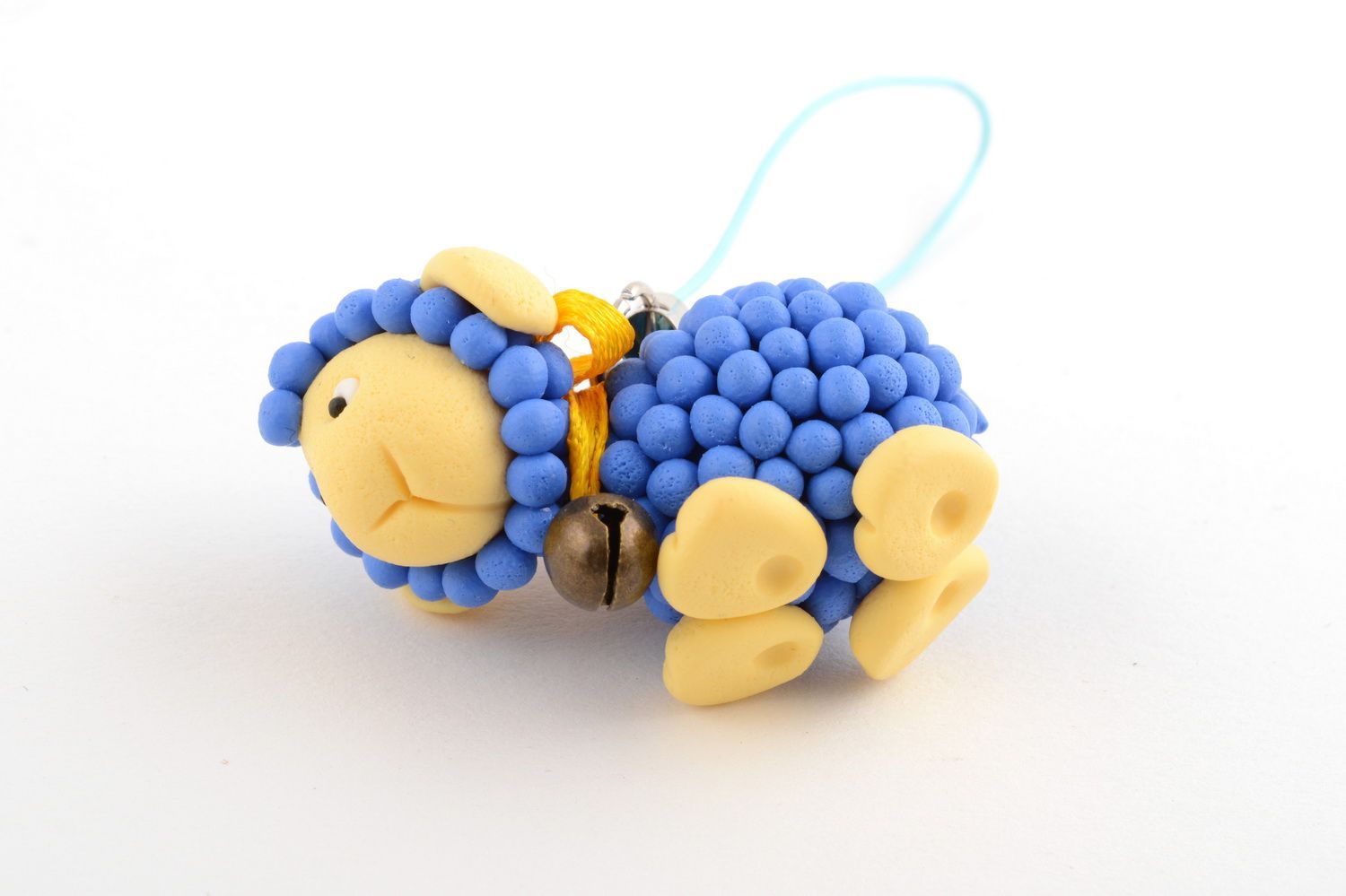 Blue handmade beautiful unusual cute keychain sheep made of polymer clay  photo 4