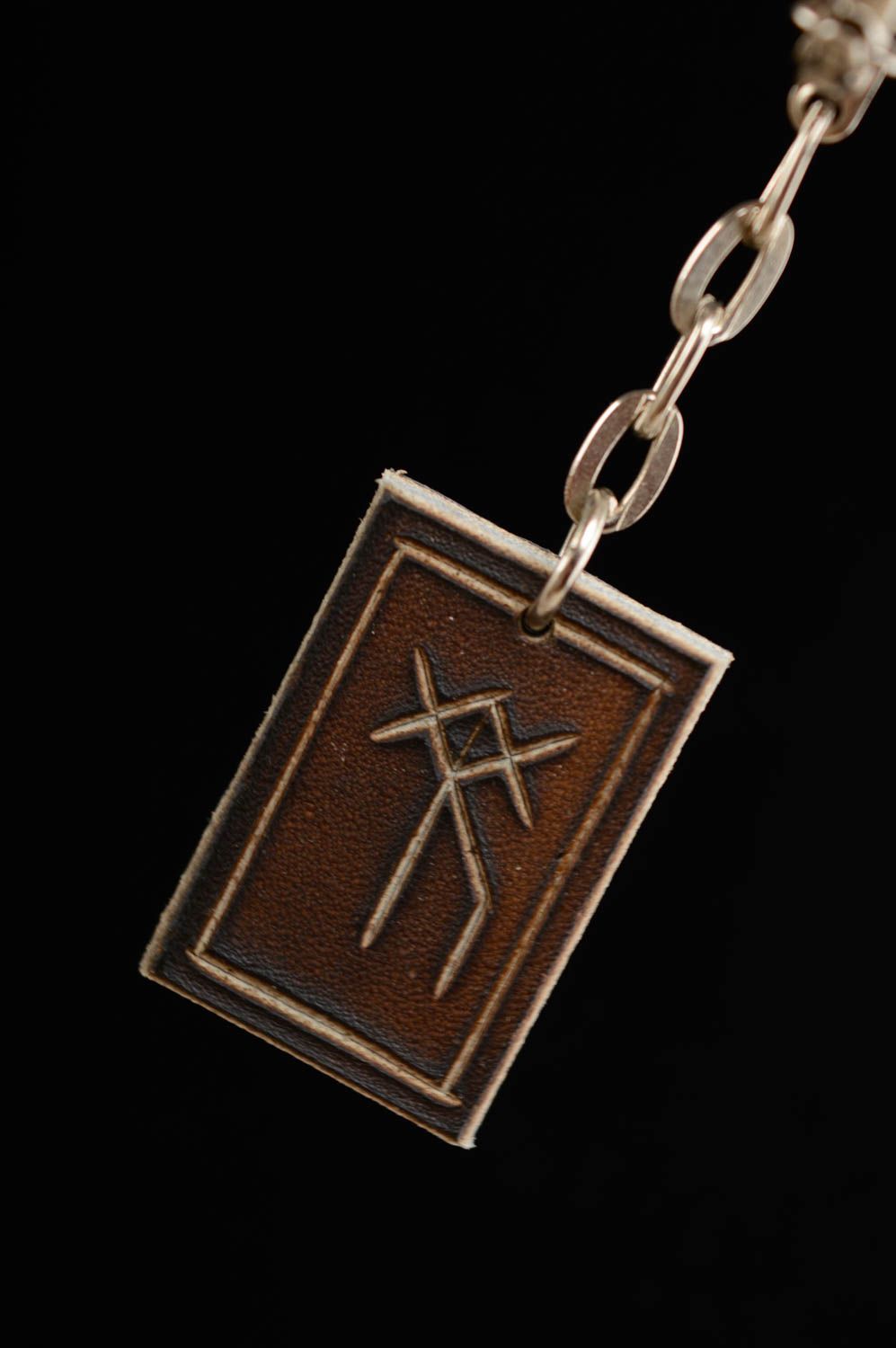 Porte-clés en cuir naturel marron avec runes pendentif fait main original photo 5