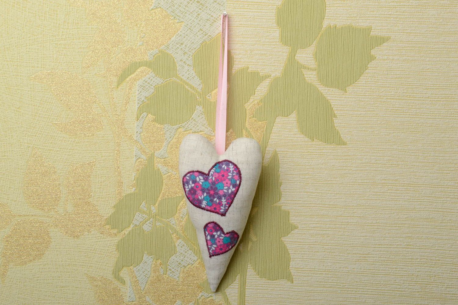 Handmade fabric interior pendant heart sewn of natural fabrics and equipped with pink ribbon photo 1