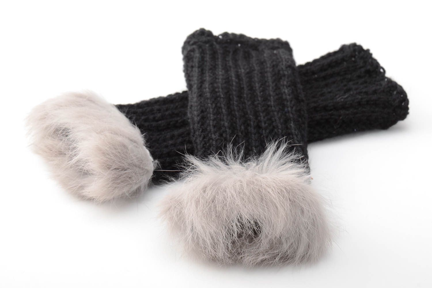 Black stylish handmade designer crochet women's mittens with rabbit fur photo 4