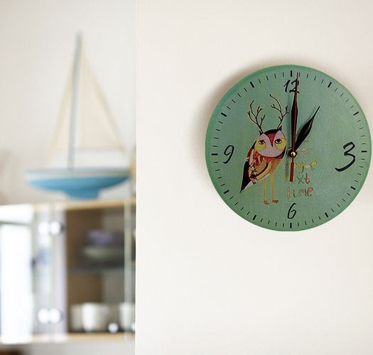 Handmade decoupage wall clock of round shape with funny print of deer owl  photo 2