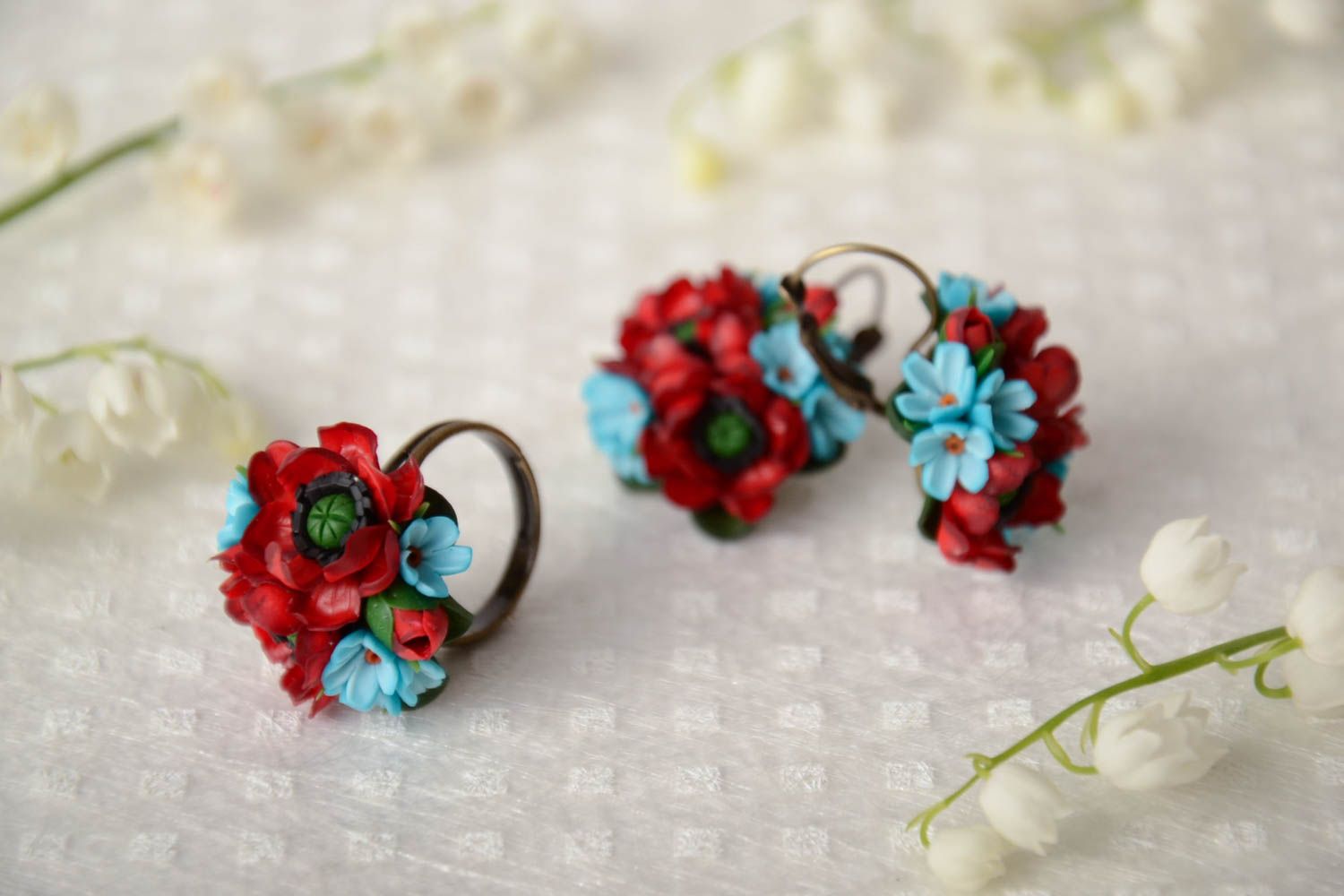 Set of handmade jewelry earrings and ring with polymer clay flowers 2 items photo 1
