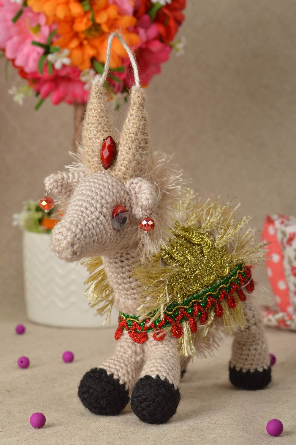 Jouet tricoté Peluche faite main chèvre mignonne en coton Cadeau enfant décor photo 1