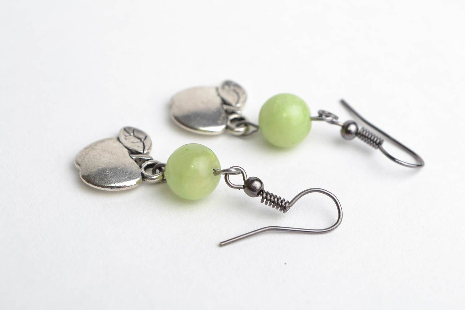 Handmade designer dangling earrings with natural agate and metal charms Apples photo 3