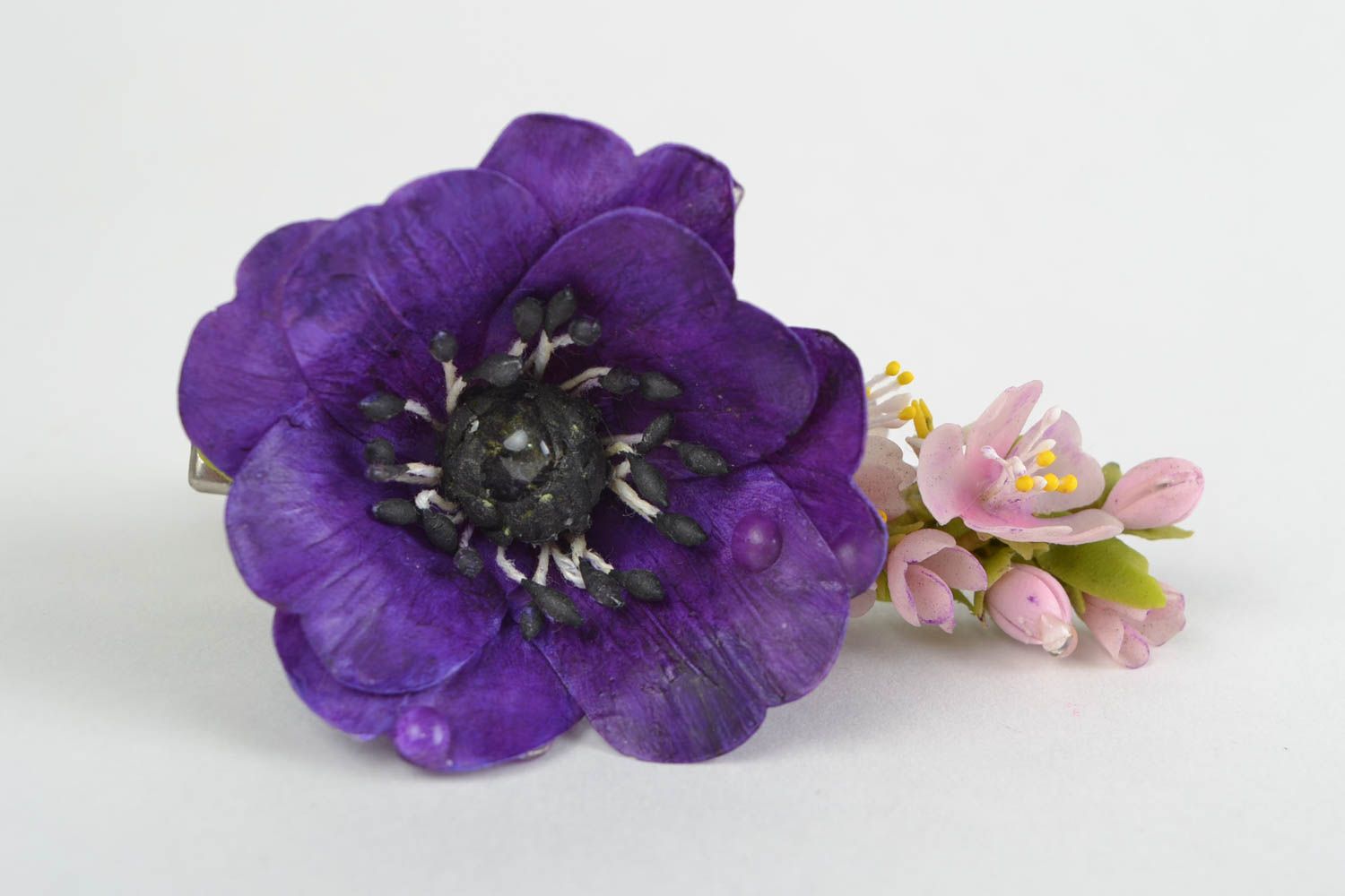 Bright handmade cold porcelain flower hair clip designer accessory Hollyhock  photo 1