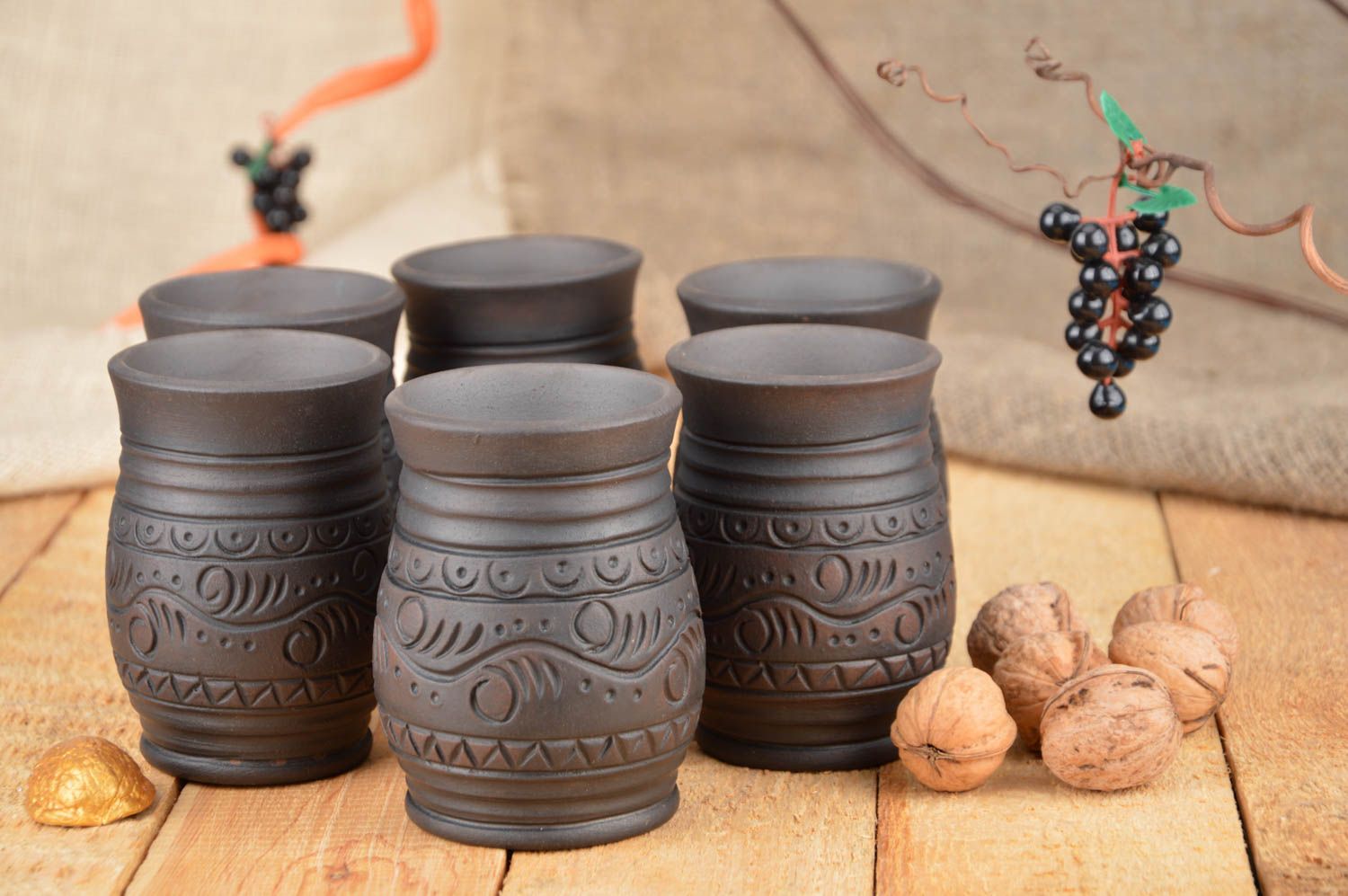 Set of 6 large handmade dark ceramic glasses kilned with milk with ornaments photo 1