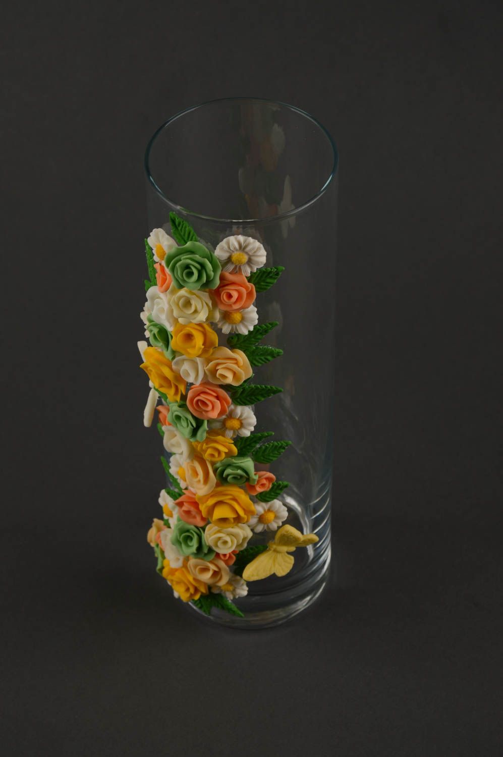 11 inches clear glass flower vase with floral décor with green&yellow roses 1,5 lb photo 5