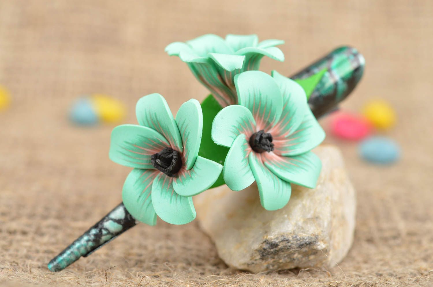 Handmade designer polymer clay hair clip with volume flowers of mint color photo 1