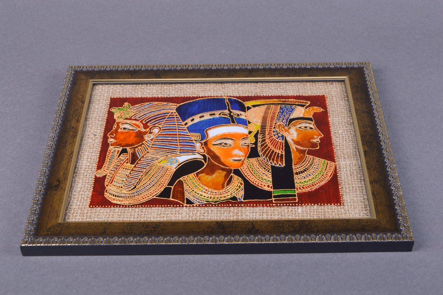 Handgemachtes Wandbild aus Glas Pharaonen mit Vitrage Bemalung im Rahmen  foto 3