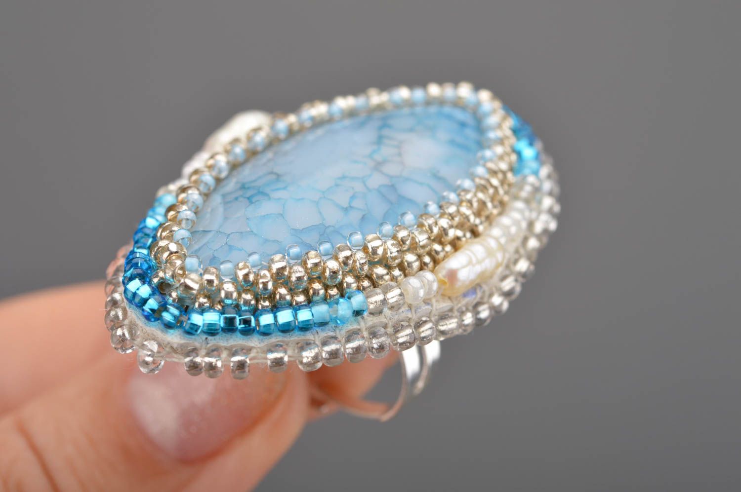 Handmade designer massive jewelry ring embroidered with beads with blue agate photo 2