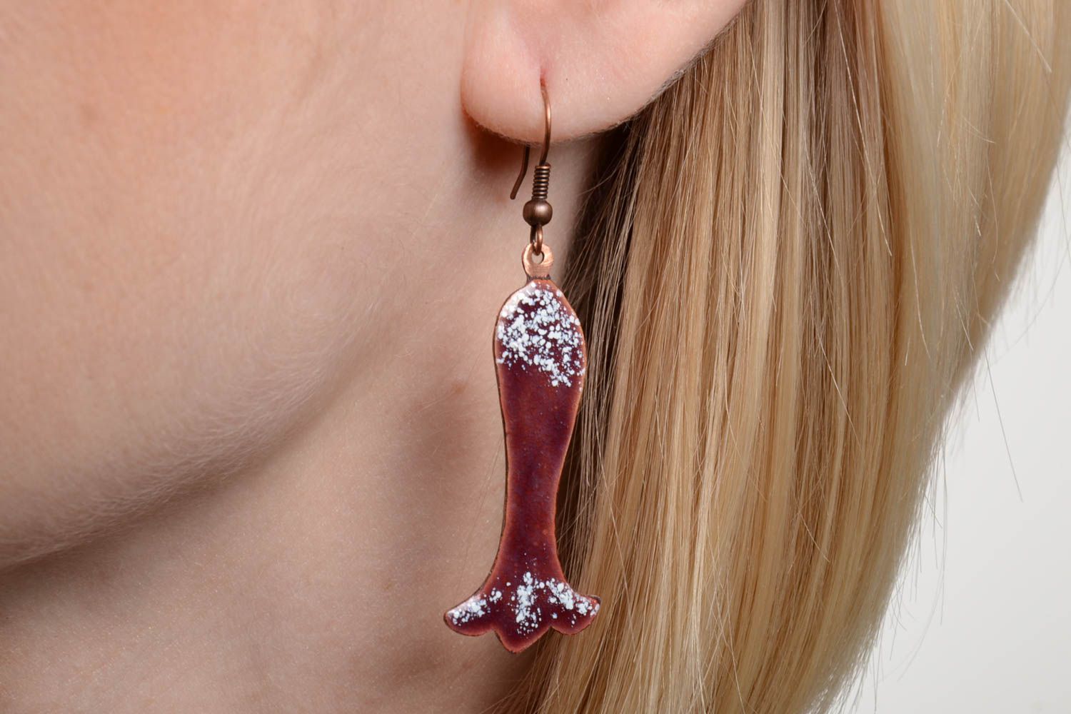 Copper handmade beautiful long earrings with hot enamel stylish accessory photo 5