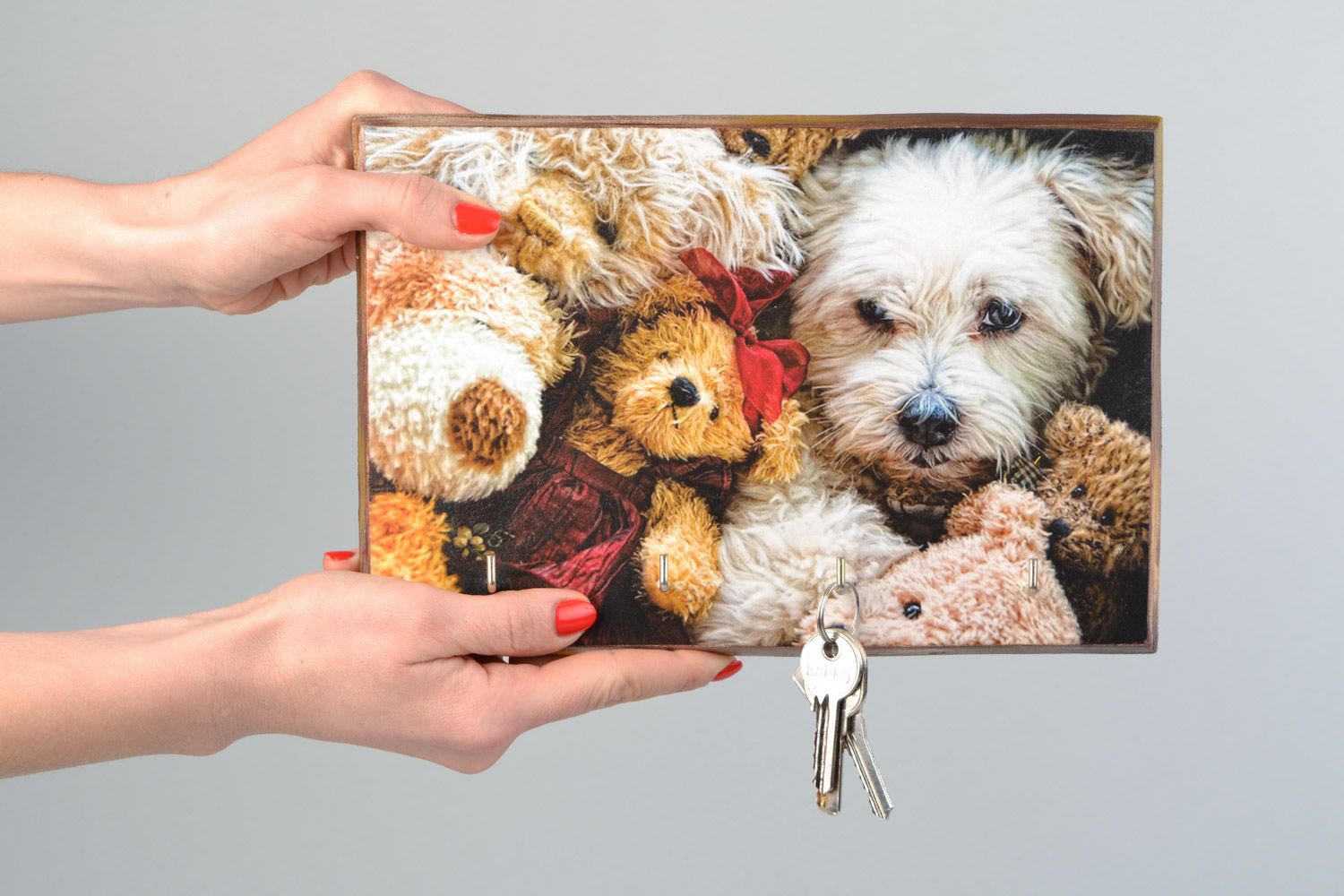 Schöner bemalter Schlüsselkasten aus Holz Decoupage für 4 Haken Hund Handarbeit  foto 2