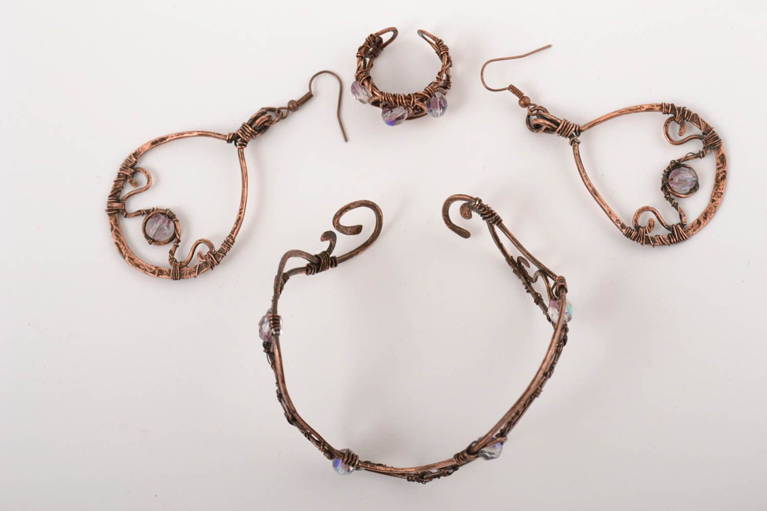 Handmade bracelet long earrings designer ring jewelry set copper accessories photo 2