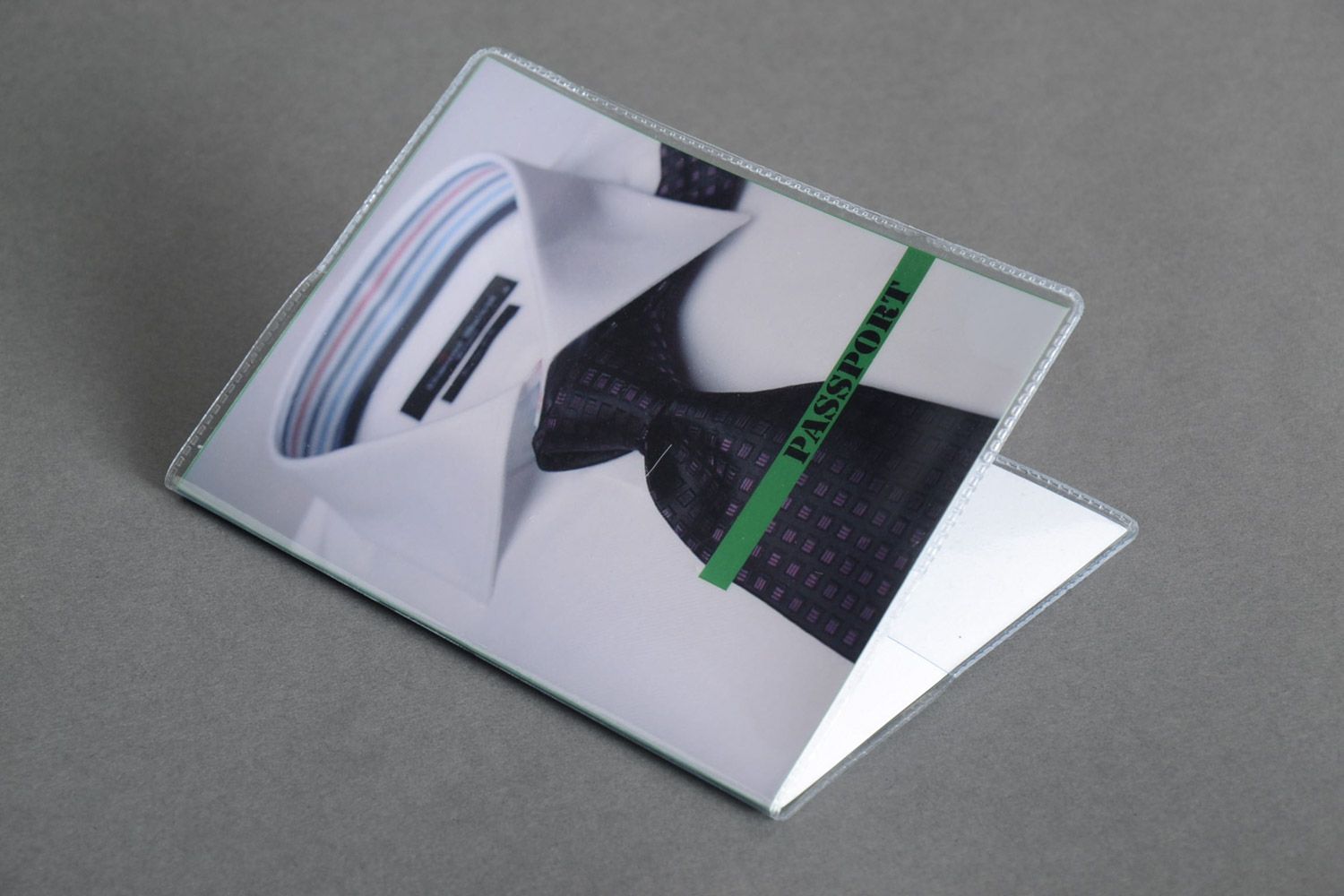 Handmade white plastic passport cover with image of collar and tie for men photo 2
