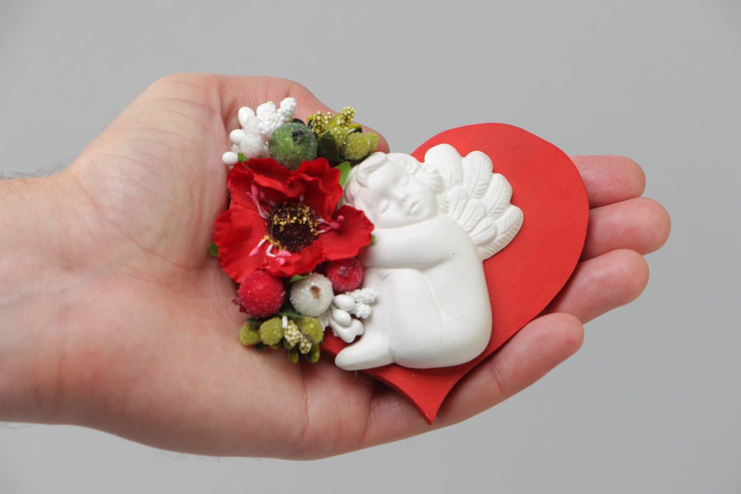 Grand magnet en bois et plâtre rouge-blanc fait main coeur ange fleurs photo 5