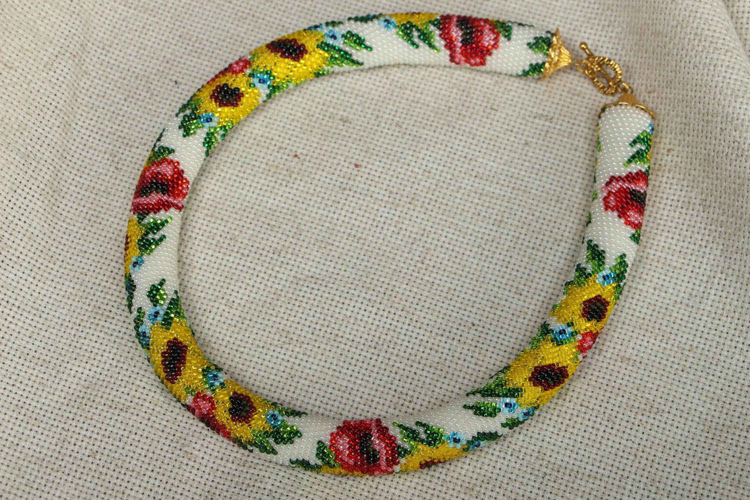 Beaded cord necklace with sunflowers and poppies photo 1