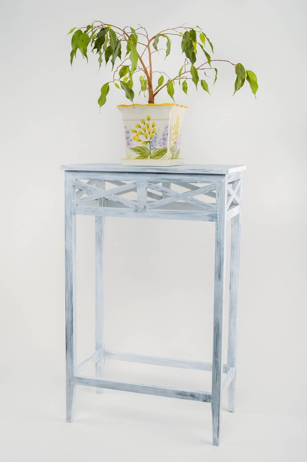 Grand support pour pots de fleurs en bois de pin fait main bleu clair design photo 1